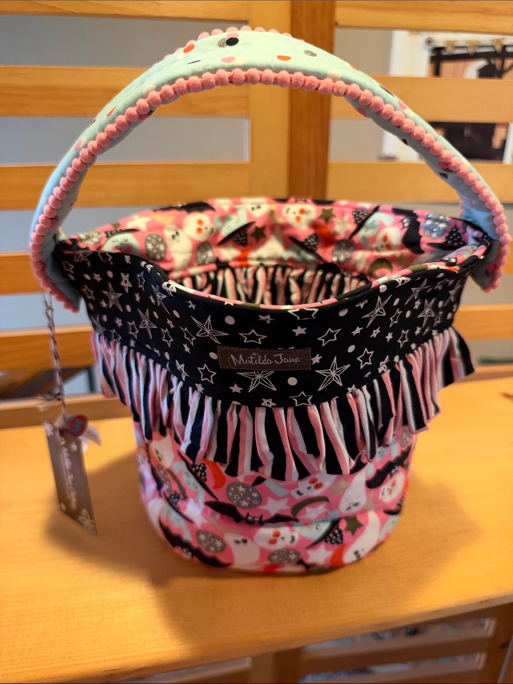 Matilda Jane Mint-Trim Pink and Black Fringe Bucket Bag